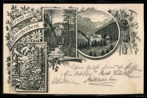 Lithographie Stans, Kloster St. Georgenberg, Bergsteiger-Ausrüstung