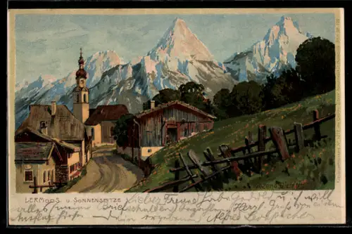 Künstler-Lithographie Zeno Diemer: Lermoos, Strassenpartie an der Kirche mit der Sonnenspitze