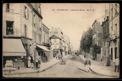 AK Puteaux, Rue de Paris, Strassenpartie mit Hotel du Centre und Geschäften