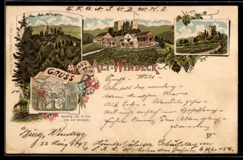 Lithographie Alt-Windeck, Ansichten der Burg und Wappen der Ritter von Alt-Windeck