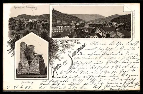 Lithographie Suderode, Ruine Lauenburg, Totalansicht, Gernrode mit Stubenberg