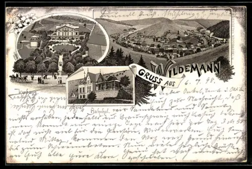 Lithographie Wildemann, Kurhaus, Bahnhof, Talblick