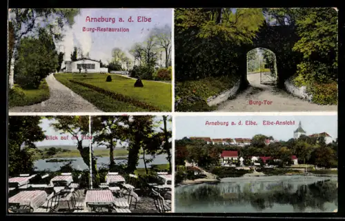 AK Arneburg /Elbe, Burg-Tor und Blick auf die Elbe