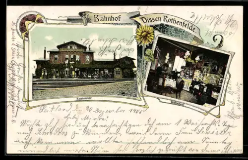 AK Dissen, Bahnhof mit Restaurant im Jugendstil-Passepartout