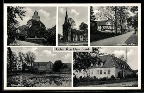 AK Belm, Ev. Kirche, Kath. Kirche, Gaststätte zur Post, Neue Schule