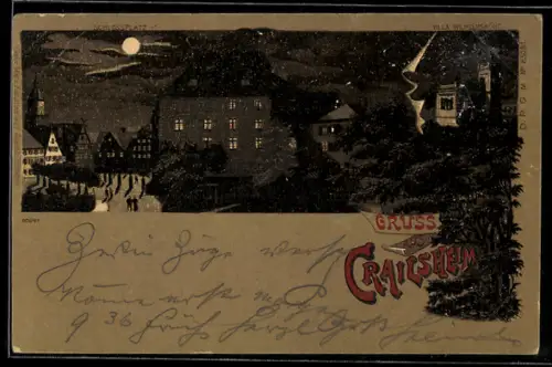 Mondschein-Lithographie Crailsheim, Schlossplatz und Villa Wilhelmshöhe