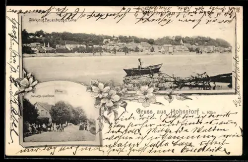 AK Hohnstorf a. Elbe, Schooffs Gasthaus, Blick auf Lauenburg