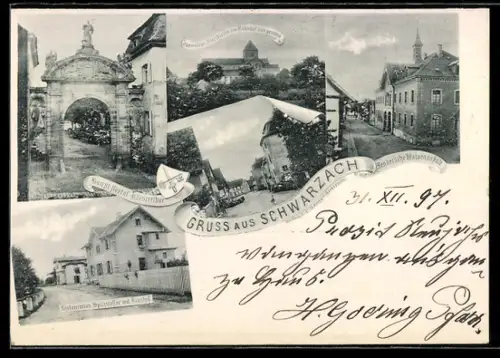 AK Schwarzach, Lender`sche Waisenanstalt, Restaurant Spitzmesser mit Bahnhof, Hauptportal Klosterhof