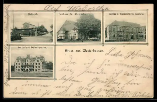AK Westerhausen, Bahnhof, Gasthaus Ad. Wiesehahn, Schloss v. Hammerstein-Gesmold, Sanatorium Schledehausen