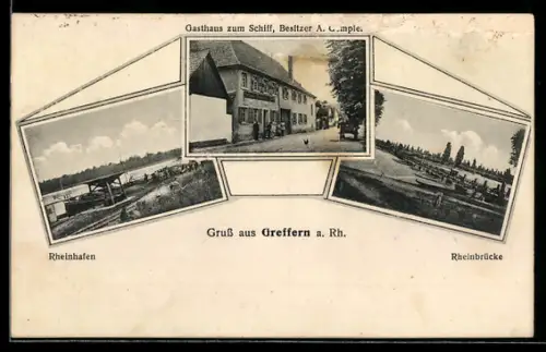 AK Greffern a. Rh., Gasthaus zum Schiff, Bes. A. Compler, Rheinhafen, Rheinbrücke