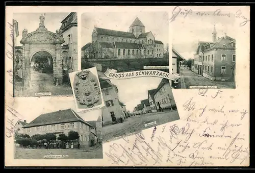 AK Schwarzach, Gasthaus zum Adler, Kloster-Abteikirche, Lender`sche Anstalt