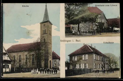 AK Söllingen / Rheinmünster, Gasthaus zum Löwen, Schulhaus, Kirche