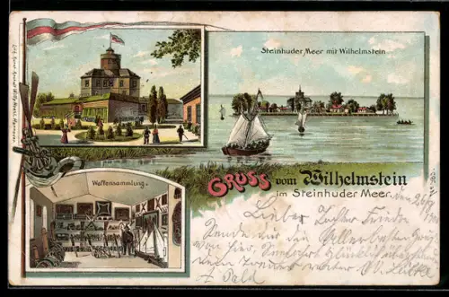 Lithographie Wilhelmstein, Steinhuder Meer mit Burg und Waffensammlung