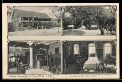 AK Friedrichsbrunn, Hotel Schwarzer Adler v. G. Meyer, Aussen- u. Innenansichten