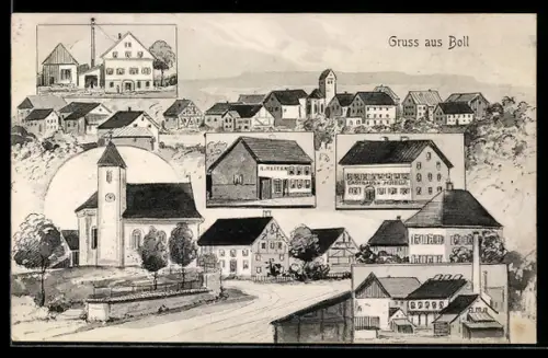 Künstler-AK Hans Pernat: Boll, Gasthaus z. Kreuz, Handlung A. Reiter, Kirche