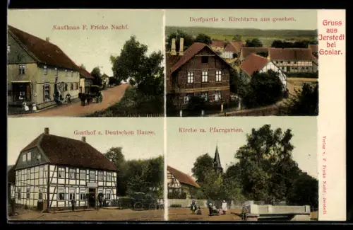 AK Jerstedt bei Goslar, Kaufhaus F. Fricke Nachf., Gasthaus z. Deutschen Hause, Kirche mit Pfarrgarten