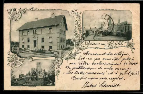 AK Bühl, Ruine Windeck, Eisenbahnstrasse, Kreushaushaltungsschule