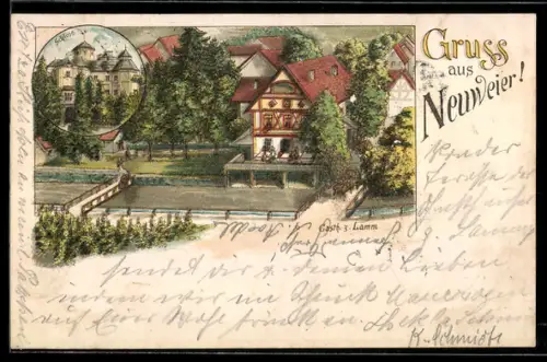 Lithographie Neuweier, Gasthaus z. Lamm, Schloss