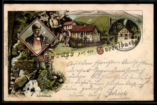 Lithographie Gertelbach, Gertelbach Hütte, Gasthaus Waldhorn, Gertelbach mit Brücke