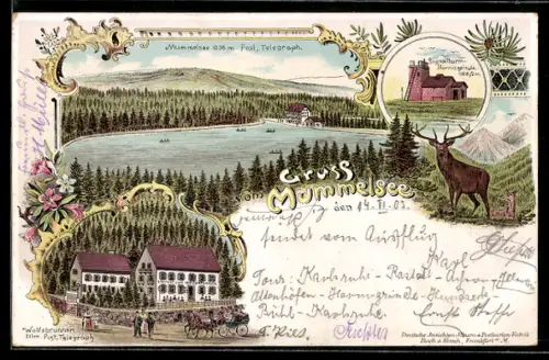 Lithographie Seebach / Schwarzwald, Gasthof zum Wolfsbrunnen, Signalturm Hornisgrinde und Mummelsee