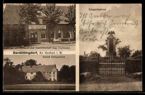 AK Bardüttingdorf /Herford, Bäckerei und Gasthaus Aug. Krullmann, Schloss Königsbrück, Kriegerdenkmal