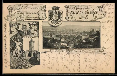 AK Saarbrücken, Jubiläumsfeier und Fahnenweihe des Turnvereins 1848, Ortsansicht mit Kirche, Wappen