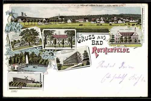 Lithographie Bad Rothenfelde, Kurhaus, Altes u. neues Gradirwerk