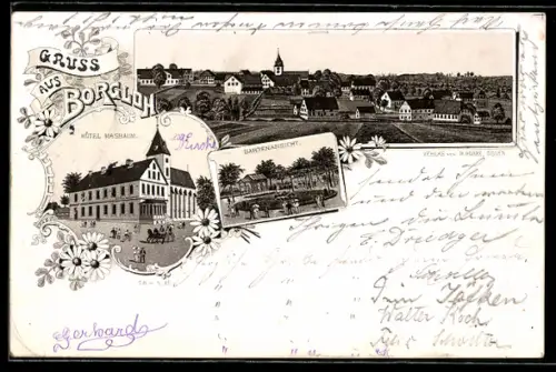 Lithographie Borgloh, Hotel Masbaum, Gartenansicht, Ortsansicht mit Kirche