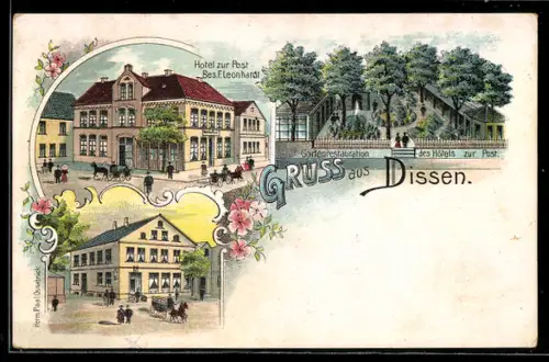 Lithographie Dissen / Teutoburger Wald, Hotel zur Post, Bes. F. Leonhardt, Gartenrestaurant