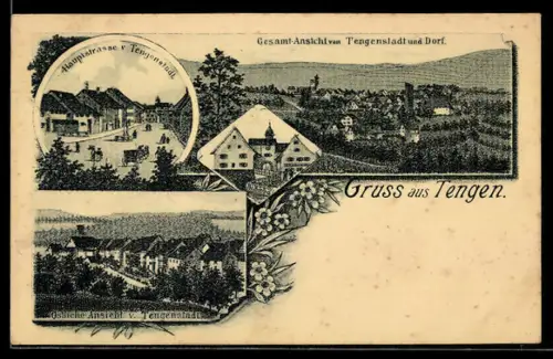 Lithographie Tengen, Gesamtansicht, Hauptstrasse v. Tengenstadt, Dorf