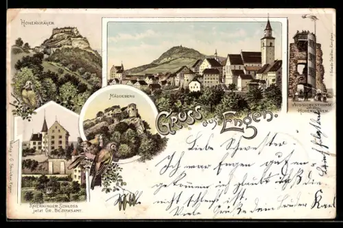 Lithographie Engen, Aussichtsturm auf dem Hohenhöwen, Krenkinger Schloss, Ortsansicht
