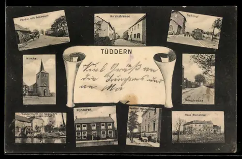 AK Tüddern, Gasthof Hostenbach zur Post, Haus Blumenthal, Bahnhof, Kirchstrasse