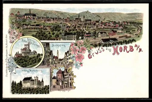 Lithographie Horb a. N., Schloss Hohen Mühringen, Schloss Weitenburg, Marktplatz