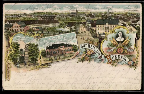 Lithographie Bünde i. W., Turnhalle, Bahnlinie im Ort, Turnvater Jahn