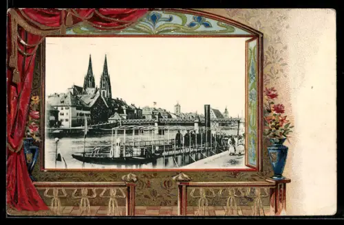 Passepartout-Lithographie Regensburg, Uferpartie in dekorativen Passepartout