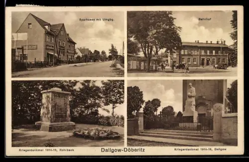 AK Dallgow-Döberitz, Sparkasse, Bahnhof, Kriegerdenkmal 1914-18