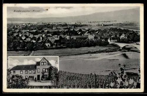 AK Niederemmel a. d. Mosel, Gemischtwarenladen Antonie Breit, Ortsansicht aus der Vogelschau