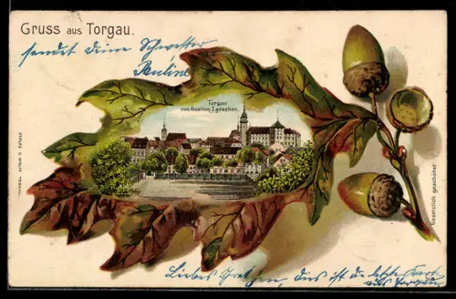 Passepartout-Lithographie Torgau, Ortsansicht von Bastion I im Eichenblatt-Passepartout