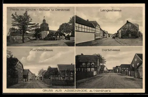 AK Abbenrode, Partie mit Kirche, Schule und Denkmal, Langestrasse, Kurzestrasse und Dorfstrasse