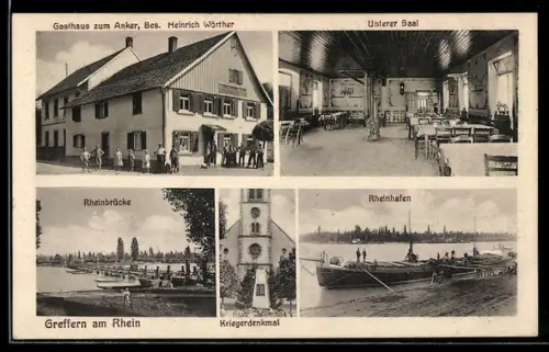 AK Greffern am Rhein, Gasthof zum Anker, Bes. Heinrich Wörther, Rheinhafen, Rheinbrücke