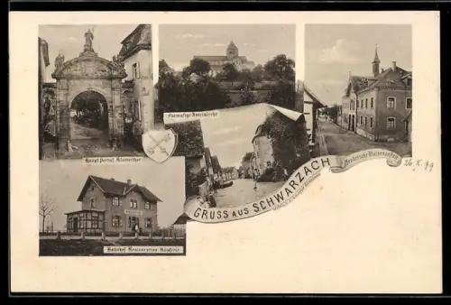 AK Schwarzach, Bahnhof Restaurant Küpferle, Hauptportal Klosterthor, Ehemalige Abteikirche, Lender`sche Waisenanstalt