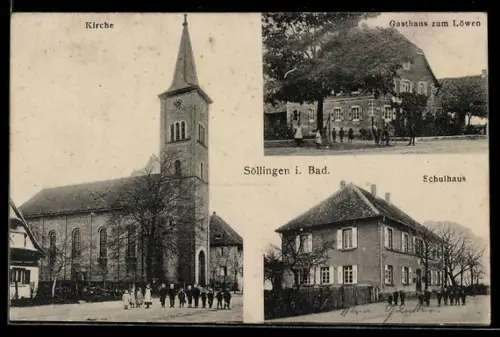 AK Söllingen / Rheinmünster, Gasthaus zum Löwen, Schulhaus, Kirche