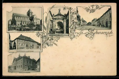 AK Schwarzach, Gasthaus zum Schwan, Waisenanstalt, Ehemalige Abteikirche, Klosterkirche, Hauptstrasse