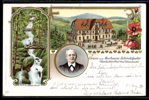 Lithographie Oberbühlerthal /Schwarzwald, Hotel Kurhaus Schindelpeter, Gertelbachfälle
