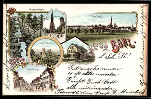 Lithographie Bühl, Gertelbachfälle, Hauptstrasse, Kath. Kirche, Totale