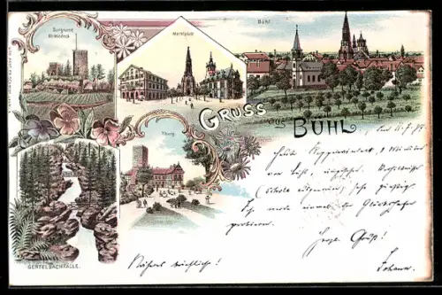 Lithographie Bühl, Yburg, Burgruine Alt-Windeck, Marktplatz, Gertelbachfälle