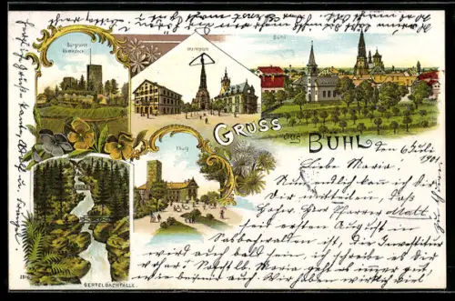 Lithographie Bühl, Ortsansicht, Marktplatz, Burgruine Alt-Windeck