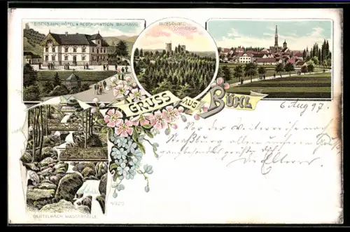 Lithographie Bühl, Burgruine Windeck, Eisenbahn-Hotel und Restaurant Baumann, Gertelbach Wasserfälle