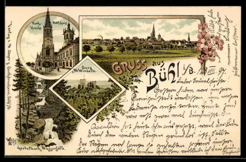 Lithographie Bühl i. B., Rathaus mit Kath. Kirche & Burg Alt Windeck