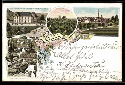 Lithographie Bühl, Eisenbahn-Hotel und Restaurant Baumann, Burgruine Windeck, Ortsansicht mit Kirche